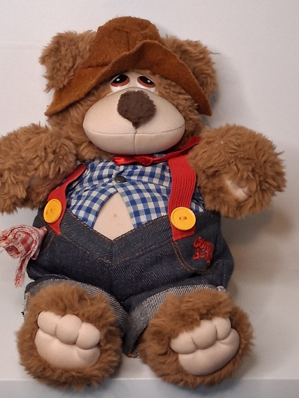 Brown Plush Teddy Bear with Denim Overalls and Hat - Unbranded